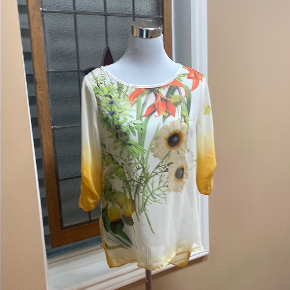 Gold and White Graphic Blouse by STATUS with 3/4 Sleeves